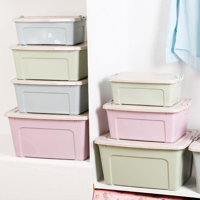 Plastic large size clothes storage box, household trumpet storage box, cover clip, turnover box, toy storage box.