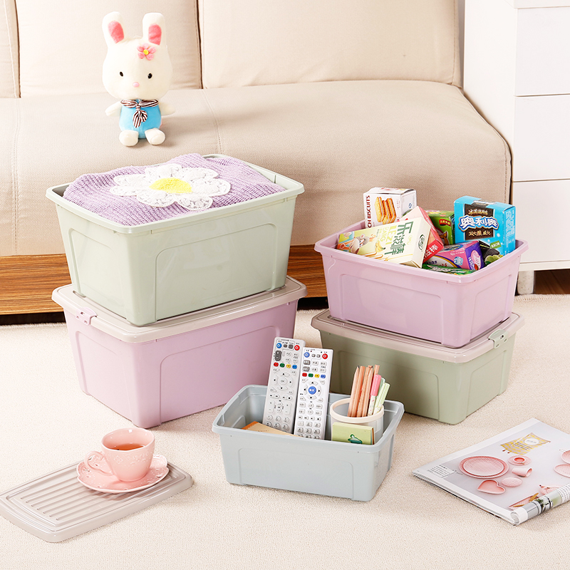 Plastic large size clothes storage box, household trumpet storage box, cover clip, turnover box, toy storage box.