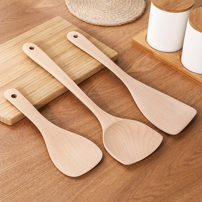 Kitchen long handle wooden spatula non-stick special household unpainted wooden kitchen high temperature resistant small